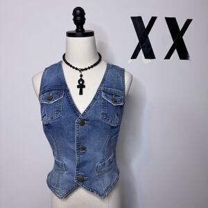 Vintage Denim Crop Top Vest Jacket • Stretch Jean 90s Sexy Western Cowgirl Y2K S